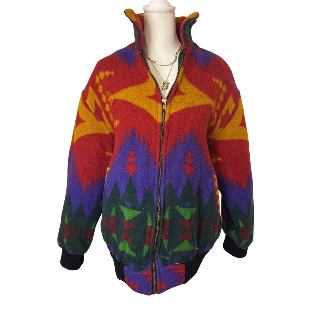 Vintage Gallery Southwestern Blanket Jacket Wool Bomber Aztec Multicolor Size L